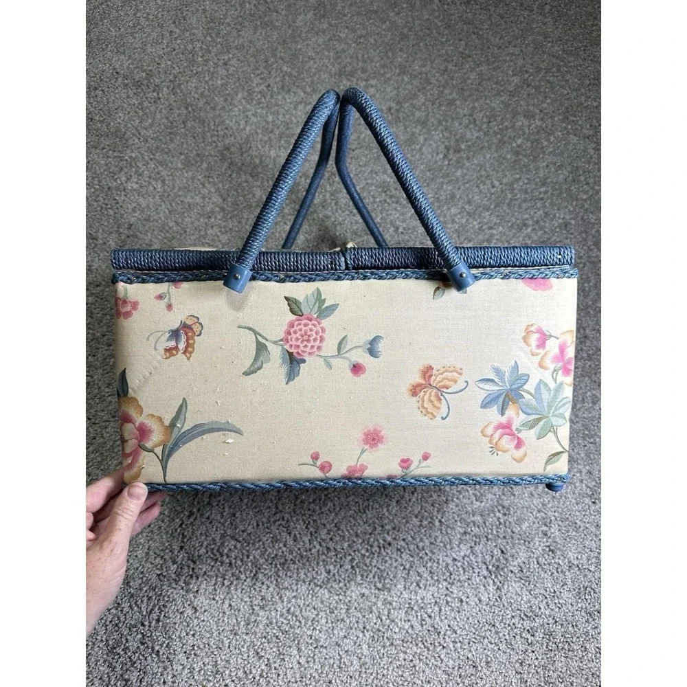 Vintage Sewing Basket Floral Blue Handles Organizer Kit w Supplies